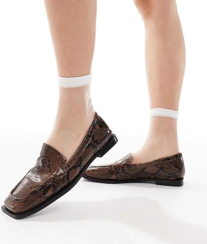 RAID Wide Fit Neely square toe loafers in brown snake