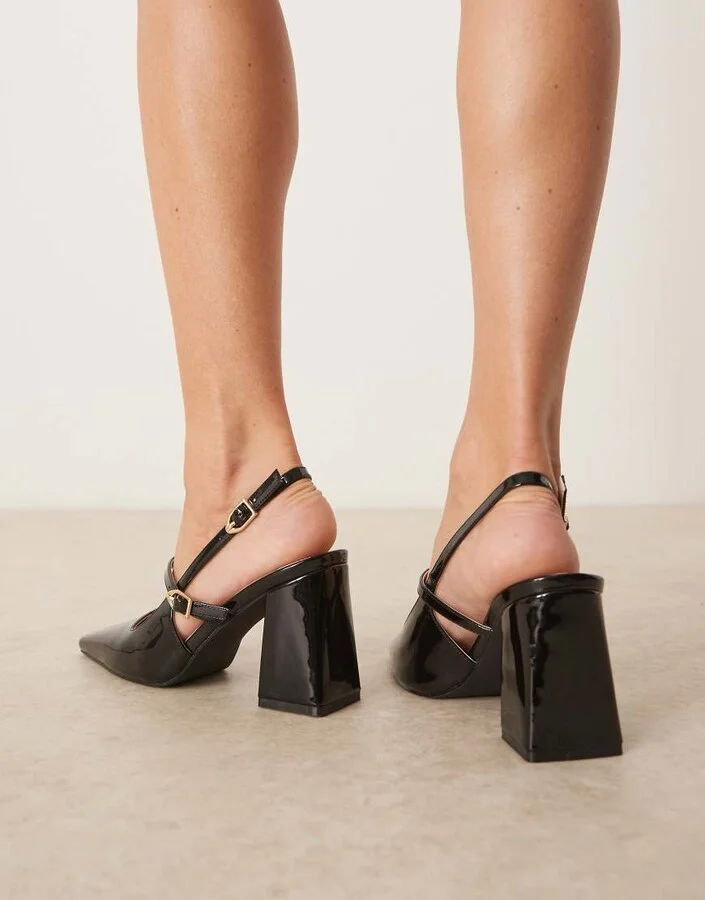 RAID Wide Fit Siya block heeled shoes with pointed toes in black patent - Image 3