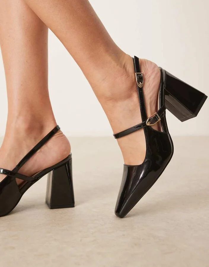 RAID Wide Fit Siya block heeled shoes with pointed toes in black patent - Image 4