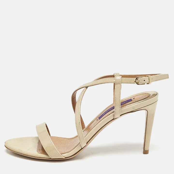 Ralph Lauren Beige Patent Leather Crisscross Ankle Strap Sandals Size 38