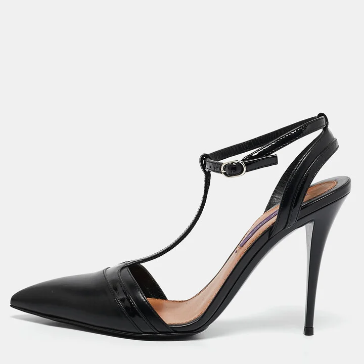 Ralph Lauren Black Leather and Patent Leather Ankle Strap Pumps Size 37