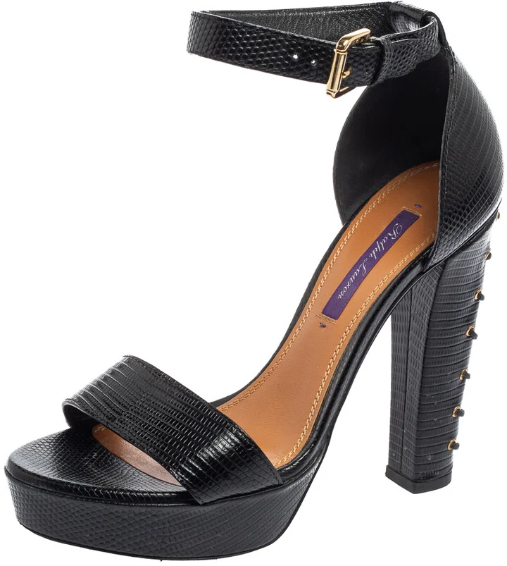 Ralph Lauren Black Lizard Embossed Leather Ankle Strap Sandals Size 37