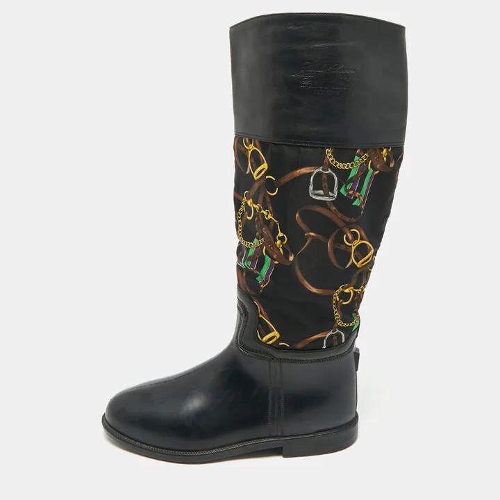 Ralph Lauren Black Rubber and Satin Chain Print Rain Boots Size 43.5