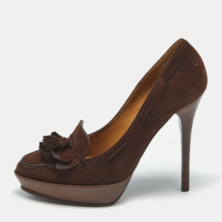 Ralph Lauren Brown Suede Tassel Platform Loafer Pumps Size 39
