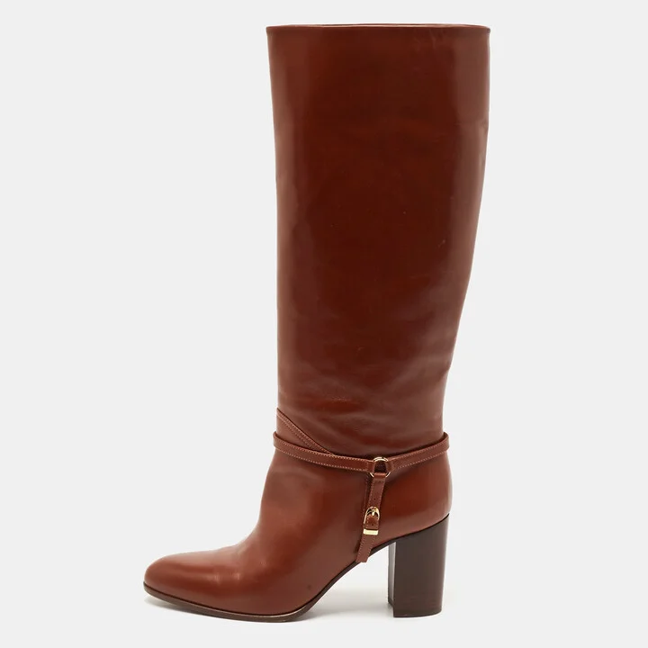 Ralph Lauren Collection Brown Leather Buckle Detail Knee Length Boots Size 39.5