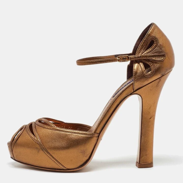 Ralph Lauren Collection Gold Leather Platform Ankle Strap Sandals Size 40