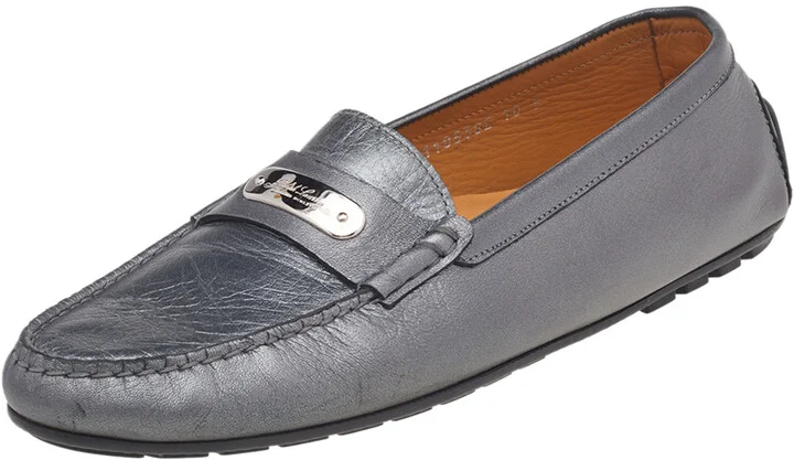 Ralph Lauren Collection Metallic Grey Leather Slip On Loafers Size 40