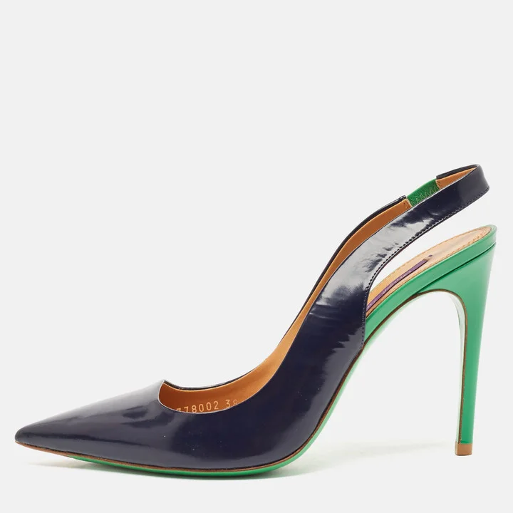 Ralph Lauren Navy Blue Leather Pointed Toe Slingback Pumps Size 38