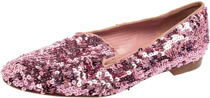 Ralph Lauren Pink Sequin Embellished Quintessa Pewter Smoking Slippers Size 37