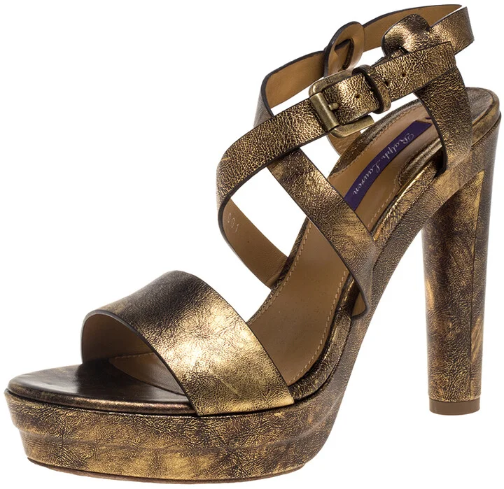 Ralph Lauren Two Tone Leather Estrid Platform Ankle Strap Sandals Size 39.5