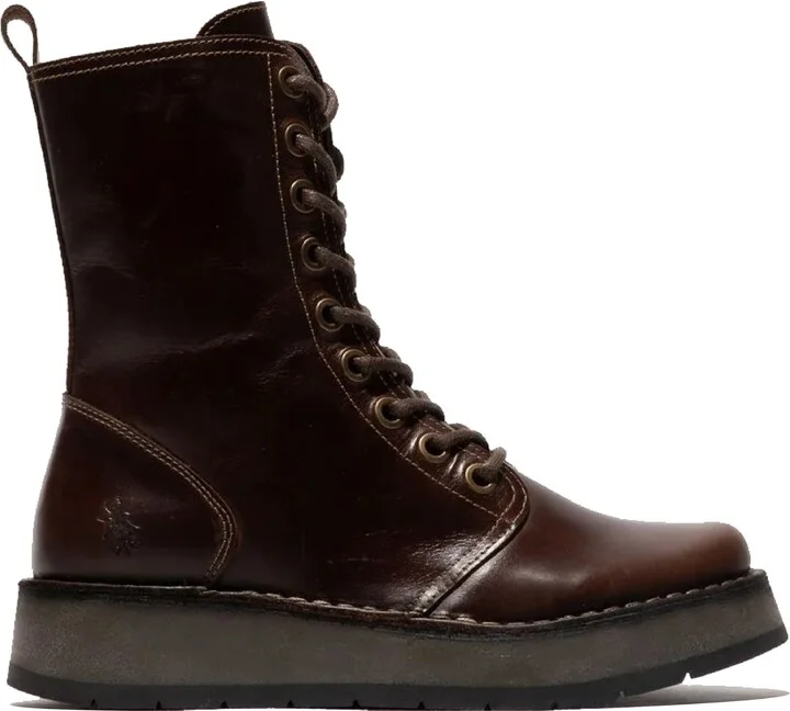 RAMI043FLY - Women's Wedge Heel Lace Up Leather Ankle Boots