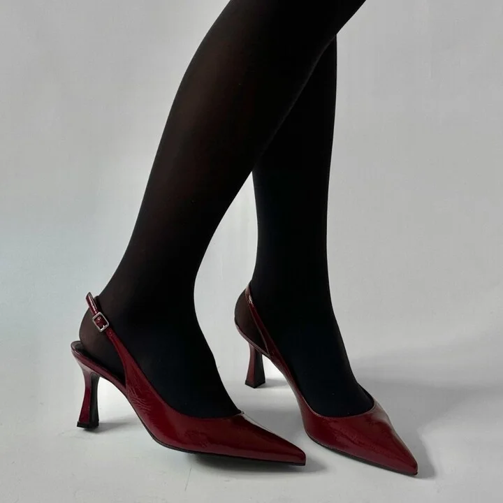 Red Emilia Low Slingback Stilettos, Bordeaux Patent - Image 6