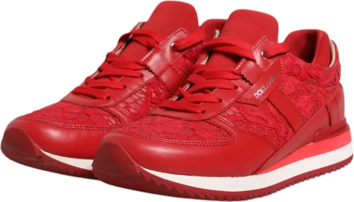 Red Floral Lace Leather Sneakers Women's Shoes (Pre-Owned) - Image 4