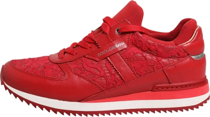 Red Floral Lace Leather Sneakers Women's Shoes (Pre-Owned) - Image 6