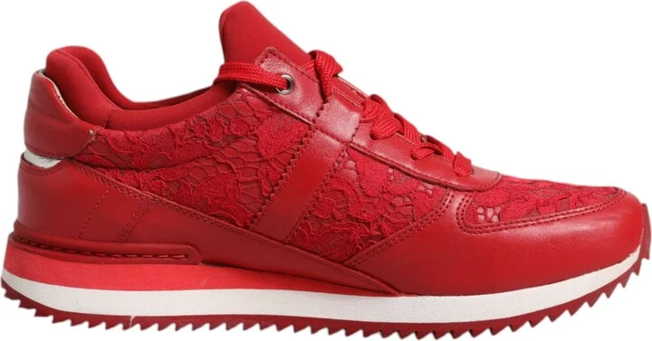 Red Floral Lace Leather Sneakers Women's Shoes (Pre-Owned)