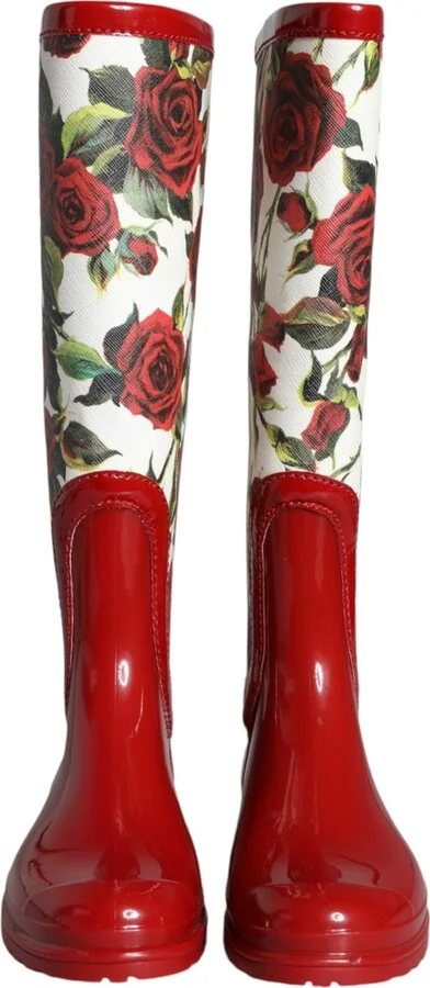 Red Floral Rubber Knee High Flat Boots Women's Shoes - Image 2
