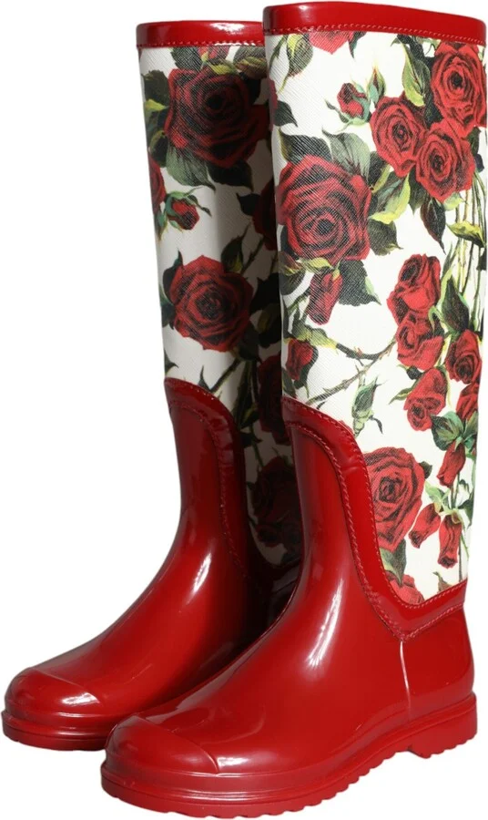 Red Floral Rubber Knee High Flat Boots Women's Shoes - Image 3