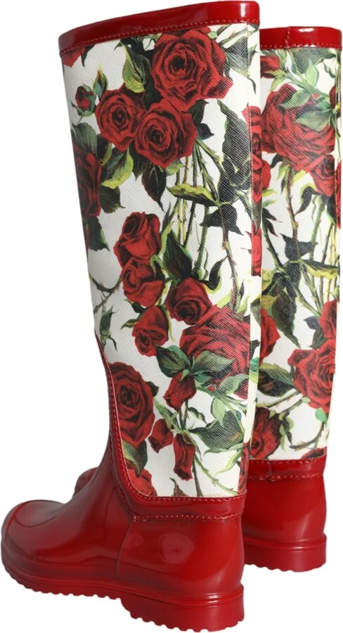 Red Floral Rubber Knee High Flat Boots Women's Shoes - Image 4