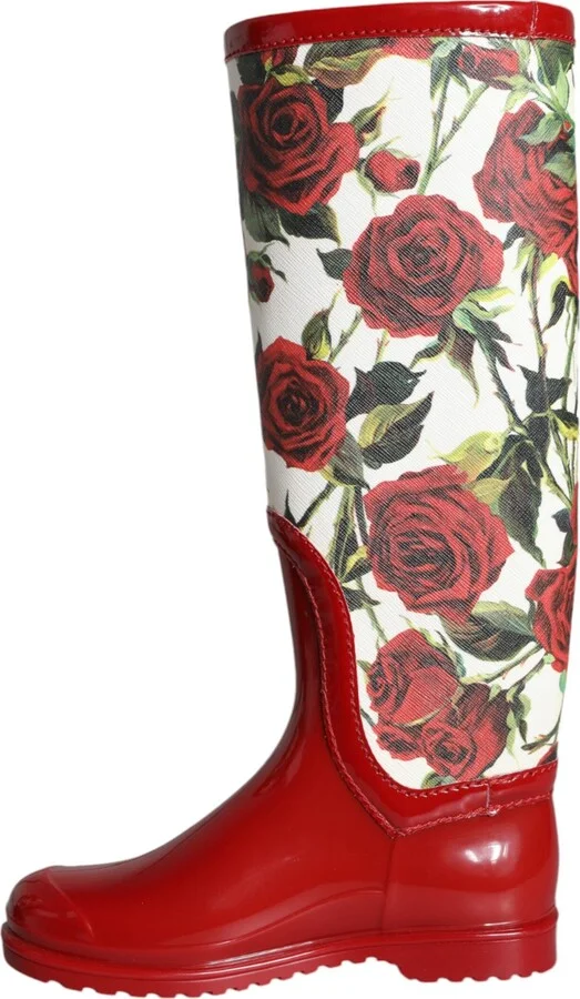Red Floral Rubber Knee High Flat Boots Women's Shoes - Image 5