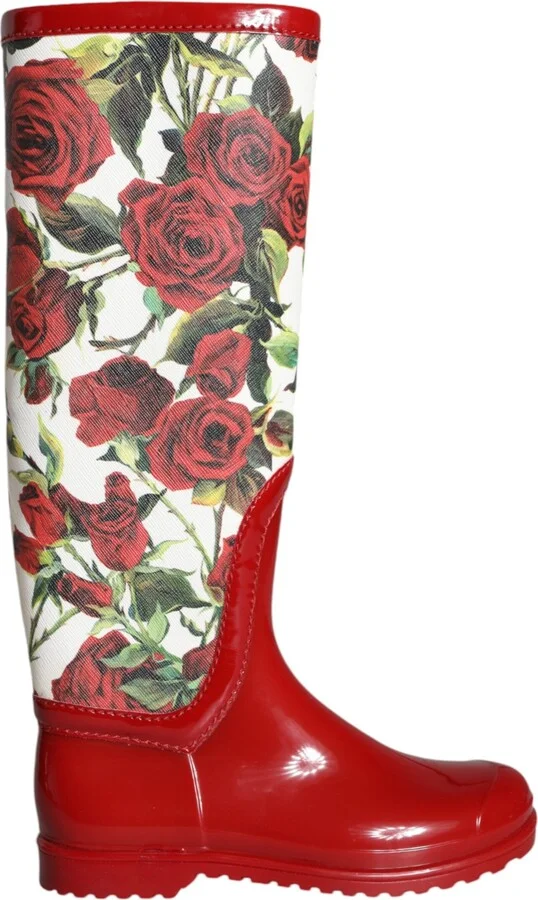 Red Floral Rubber Knee High Flat Boots Women's Shoes