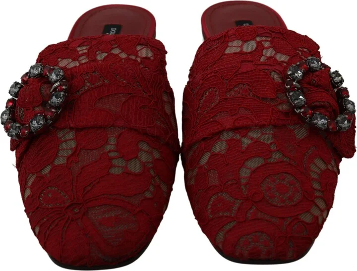 Red Lace Crystal Slide On Flats Women's Shoes - Image 2