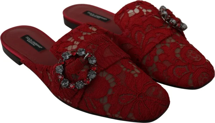 Red Lace Crystal Slide On Flats Women's Shoes - Image 3