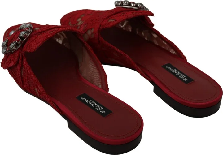 Red Lace Crystal Slide On Flats Women's Shoes - Image 4