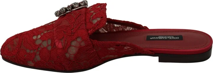 Red Lace Crystal Slide On Flats Women's Shoes - Image 5