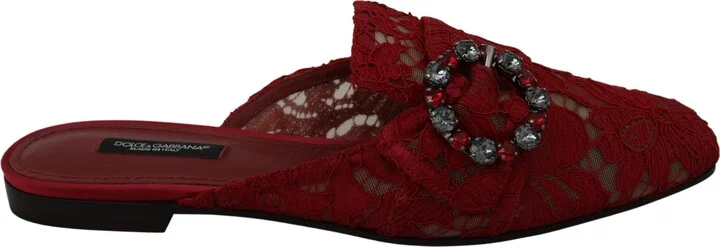 Red Lace Crystal Slide On Flats Women's Shoes