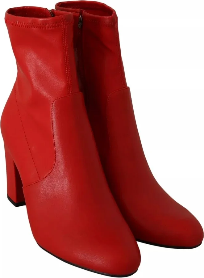 Red Leather Block Heels Ankle Boots Women's Shoes (Pre-Owned) - Image 5