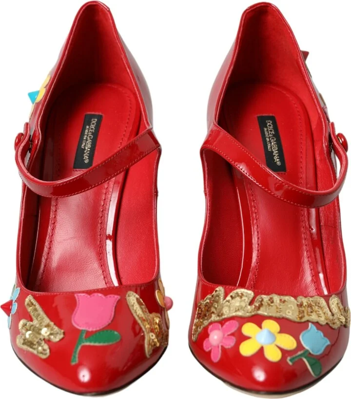Red Leather Embellished Mary Jane Pumps Heels Women's Shoes - Image 2