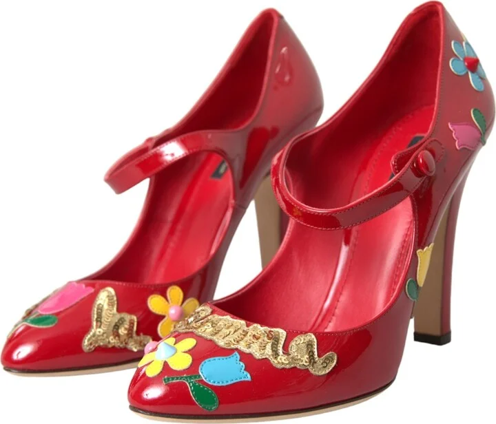 Red Leather Embellished Mary Jane Pumps Heels Women's Shoes - Image 3