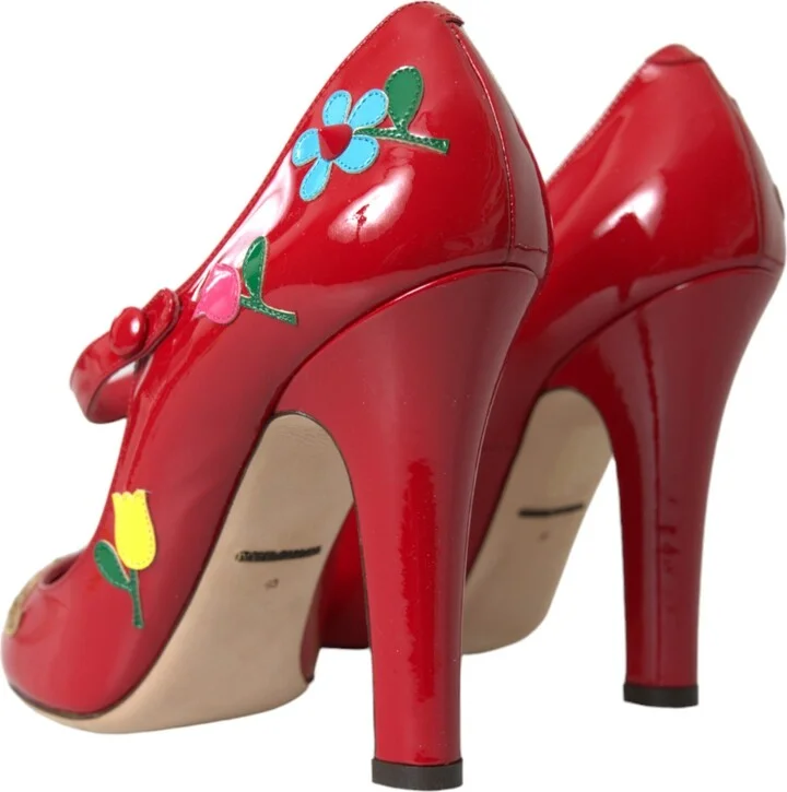 Red Leather Embellished Mary Jane Pumps Heels Women's Shoes - Image 4