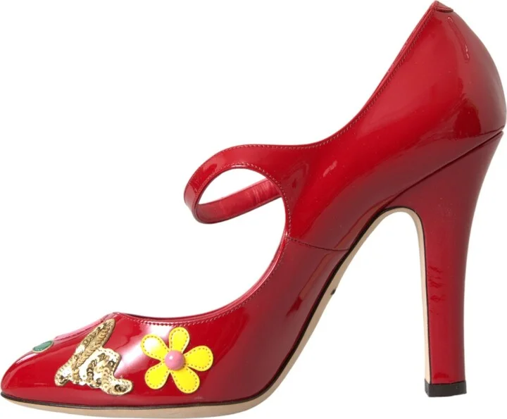 Red Leather Embellished Mary Jane Pumps Heels Women's Shoes - Image 5