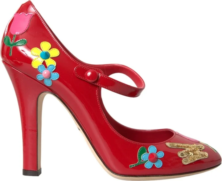 Red Leather Embellished Mary Jane Pumps Heels Women's Shoes