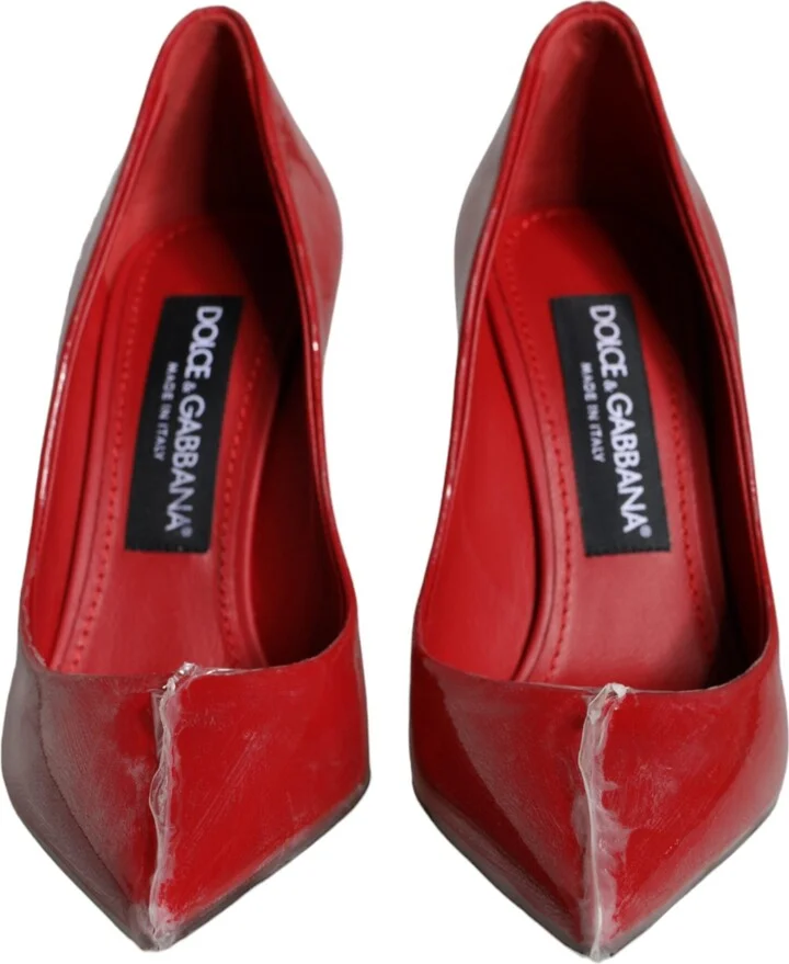 Red Patent Leather Faux Pearl Heels Pumps Women's Shoes - Image 2