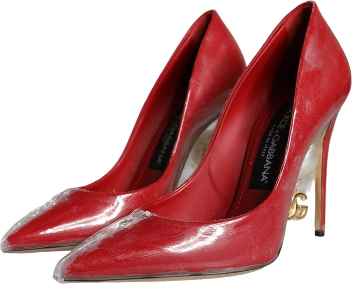 Red Patent Leather Faux Pearl Heels Pumps Women's Shoes - Image 3