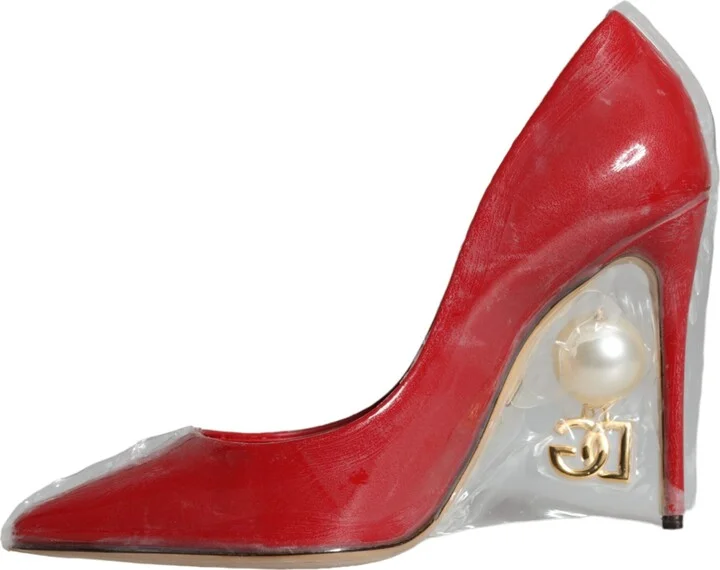 Red Patent Leather Faux Pearl Heels Pumps Women's Shoes - Image 4