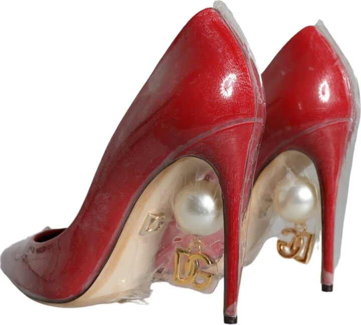 Red Patent Leather Faux Pearl Heels Pumps Women's Shoes - Image 5