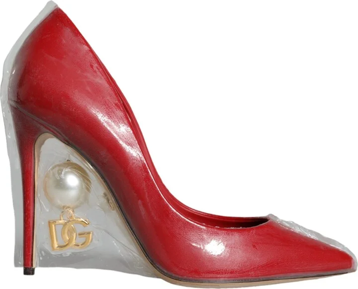 Red Patent Leather Faux Pearl Heels Pumps Women's Shoes
