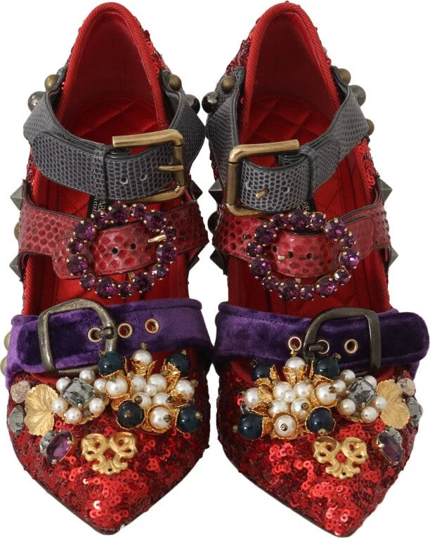 Red Sequined Crystal Studs Heels Women's Shoes - Image 5