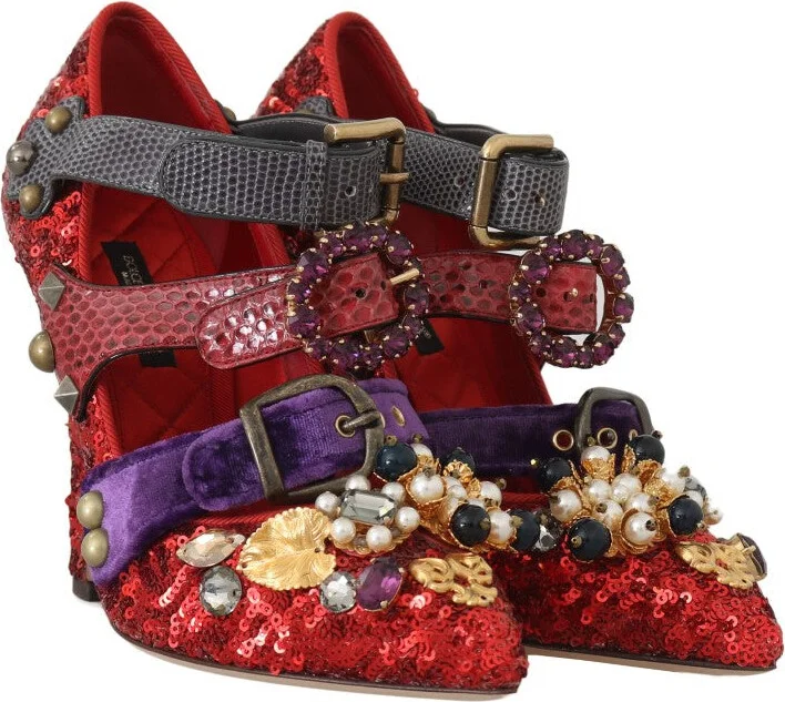 Red Sequined Crystal Studs Heels Women's Shoes - Image 6