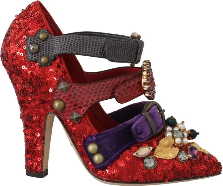 Red Sequined Crystal Studs Heels Women's Shoes
