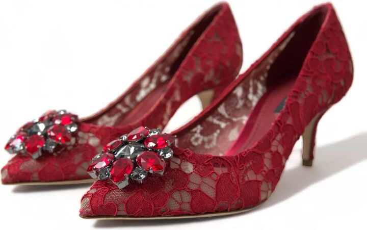 Red Taormina Lace Crystal Heels Pumps Women's Shoes - Image 3