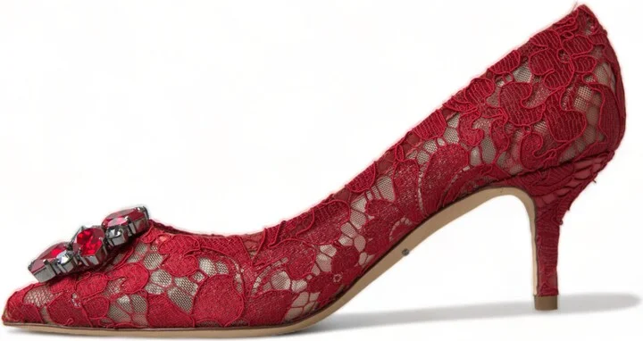 Red Taormina Lace Crystal Heels Pumps Women's Shoes - Image 6