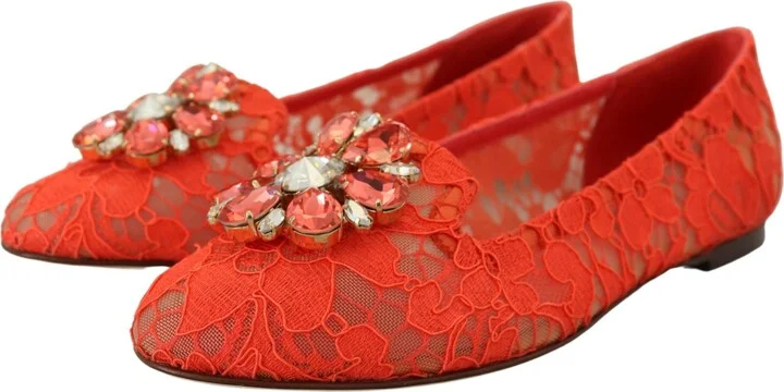 Red Taormina Lace Crystals Ballet Flats Women's Shoes - Image 3