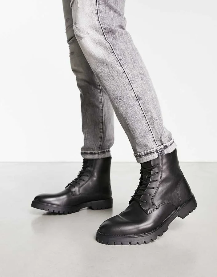 Red Tape wide fit chunky sole lace up boots in black leather - Image 3