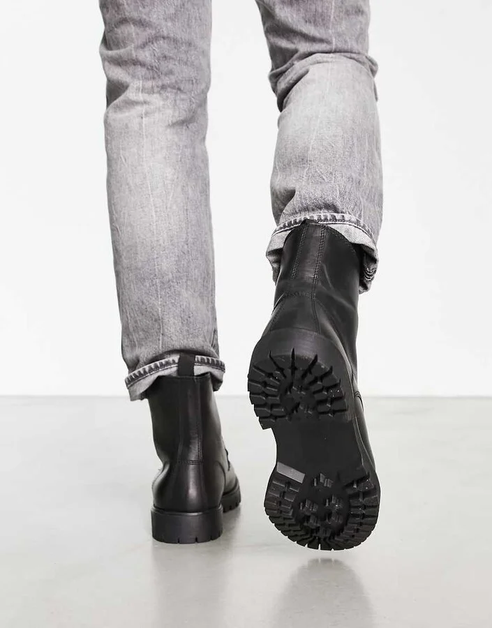 Red Tape wide fit chunky sole lace up boots in black leather - Image 4