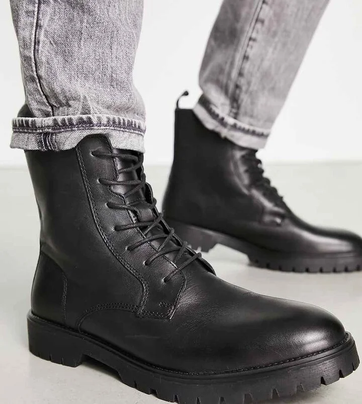 Red Tape wide fit chunky sole lace up boots in black leather