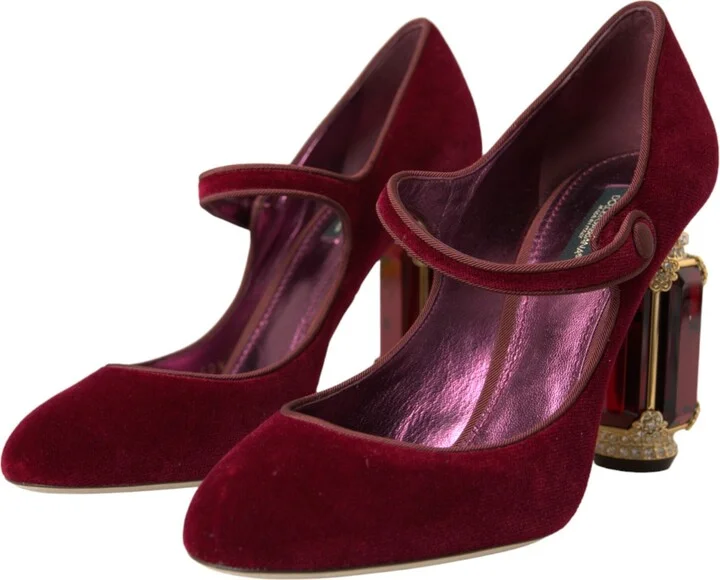 Red Velvet Gold Crystals Heels Mary Jane Women's Shoes - Image 3